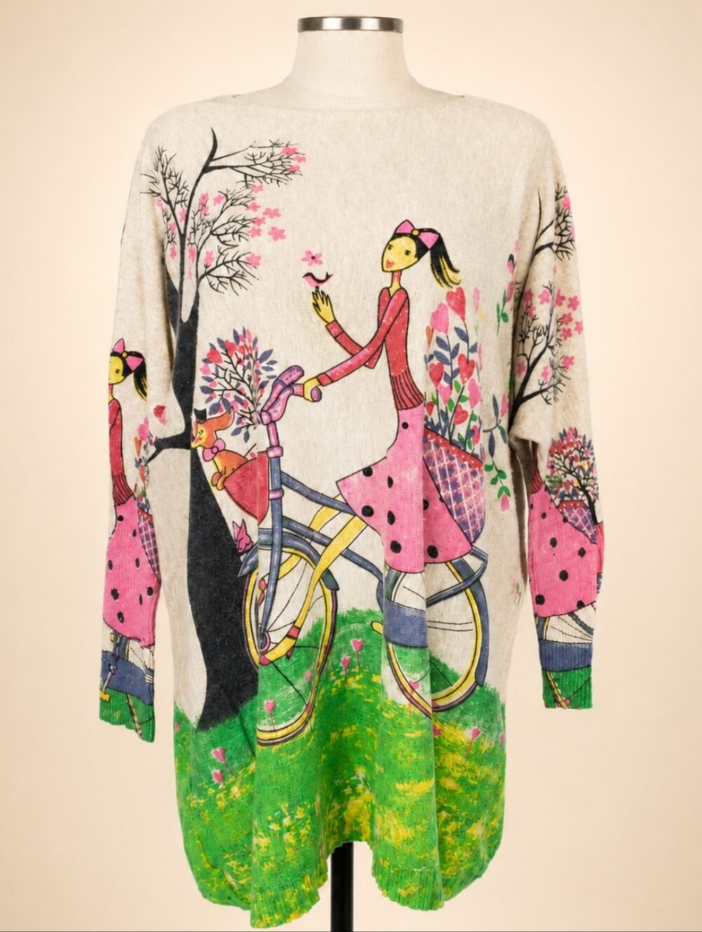 Coeur de Vague XXL Whimsical Bicycle Art Print Oversized Knit Tunic